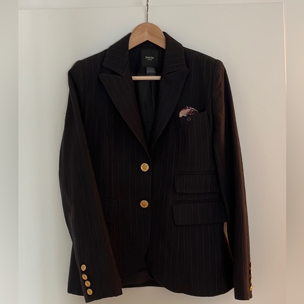 SMYTHE Black Pinstripe Elbow Patch Dandy Blazer Jacket Elbow Patch 6-8